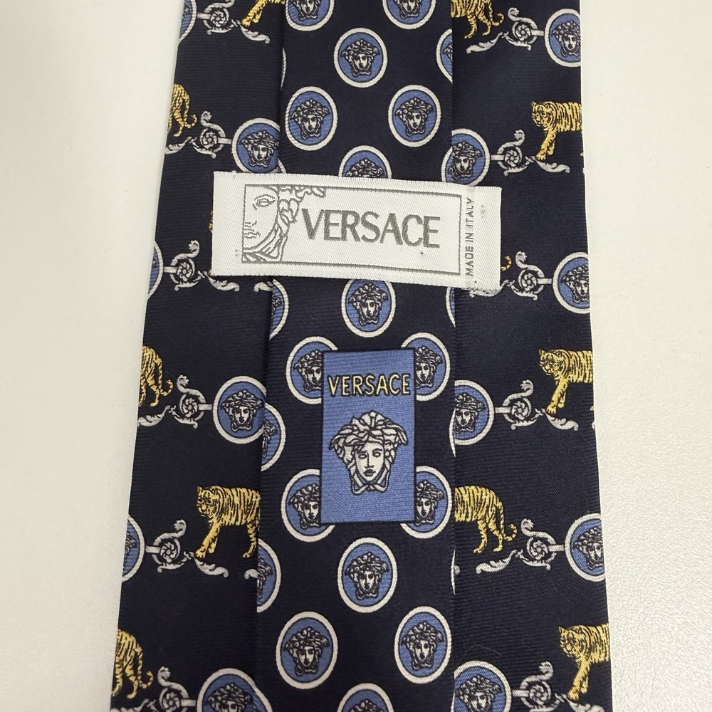 Versace Men's Tie Baroque Tigers Medusas Navy & Gold Silk 3.5" (W) x 58" (L) guc